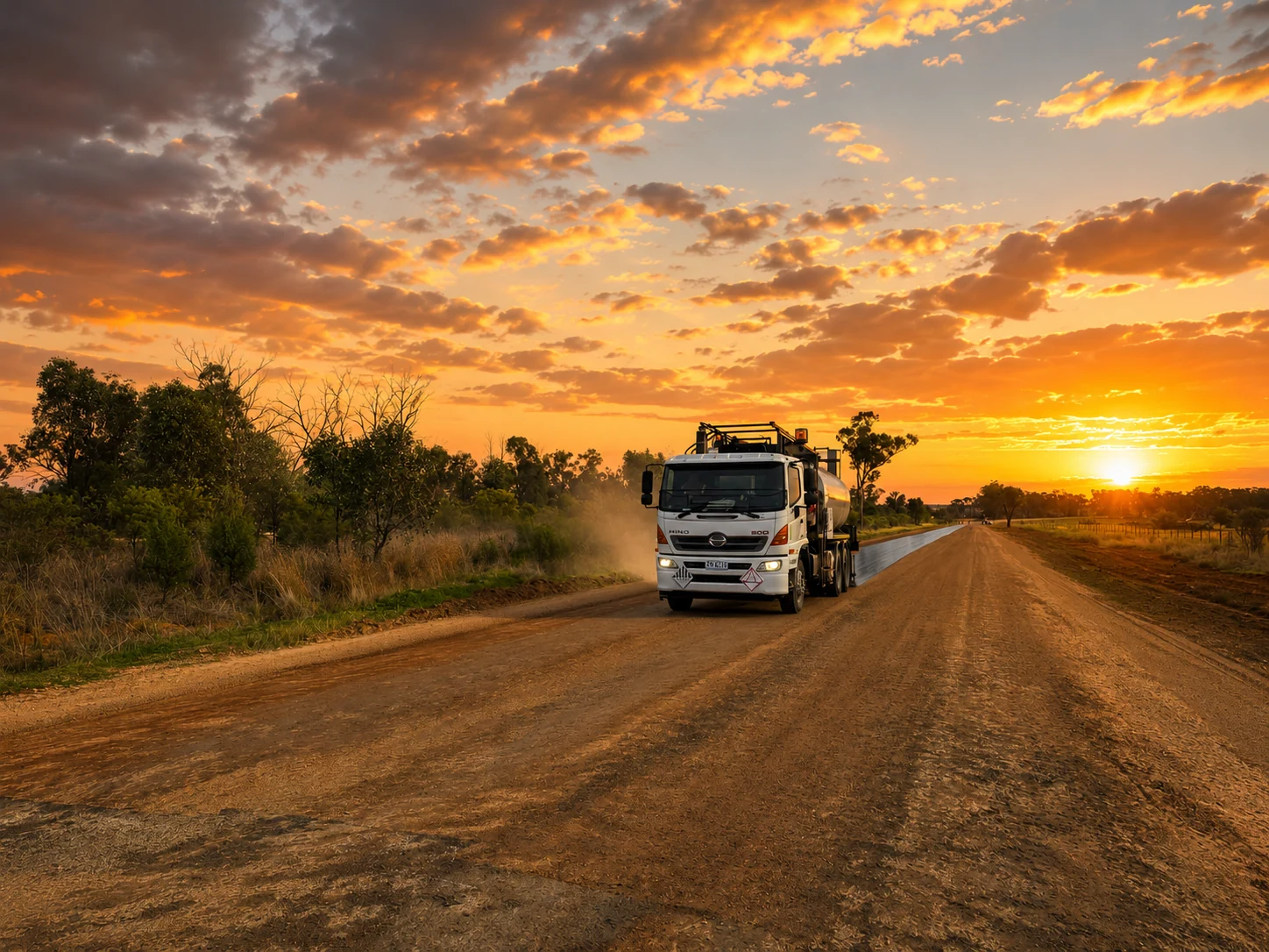 Road construction truck delivering materials during civil works